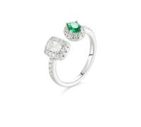 Musihy Engagement Ring With Wedding Band, Women 14K White Gold Women's Open Adjustable Engagement Ring with Oval Lab Created Emerald and Rectangular Moissanite, Size O 1/2