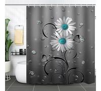 Musihy Fabric Shower Curtains For Bathroom, 180x180cm Polyester Daisy Flower and Water Drop Fabric Shower Curtain with Grommets and Hooks, Gray, Style 1