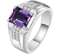 Musihy Male Engagement Rings Mens White Gold/Platinum | Wedding Ring with 7x9mm 2ct Rectangle Amethyst and Moissanite