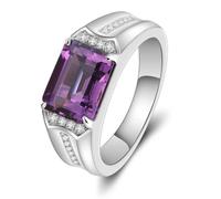 Musihy Men Engagement Ring White Gold/Platinum | Promise Ring with 9x11mm 3.7ct Rectangle Amethyst and Moissanite