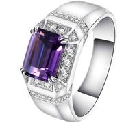 Musihy Men Wedding Bands For Him White Gold/Platinum | Promise Ring with 7x9mm 2ct Rectangle Amethyst and Moissanite