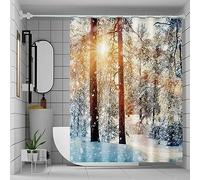 Musihy Polyester Shower Curtain 180 x 180, Tree Sunshine Snow Scenery Bathroom Curtain with Metal Grommets & Plastic Hooks, White, Style 3