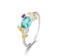 Musihy Promise Rings Band Women, 18K White Gold Thin Ring with Golden Leaves and Oval Aquamarine 1ct and Tourmaline, Moissanite, Size U 1/2