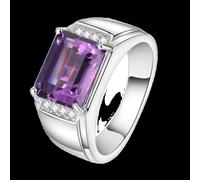 Musihy Ring For Men Wedding Band White Gold/Platinum | Promise Ring with 8x10mm 3.2ct Rectangle Amethyst and Moissanite