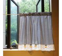 Musihy Small Curtains For Windows, 1Pcs Rod Pocket Cafe Curtains for Small Windows, Basement, Laundry Room, Sink Plaid Pattern with Cherry and Emrboided Flower Trim, Navy Blue, 135x70cm