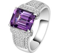 Musihy Wedding Band Ring For Men White Gold/Platinum | Engagement Ring with 8x10mm 3ct Rectangle Amethyst and Moissanite