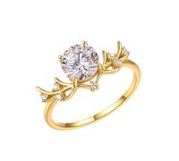 Musihy Yellow Gold Rings for Wedding, 9K Antler Ring for Ladies with 6.5mm Moissanite 1ct, Size N 1/2