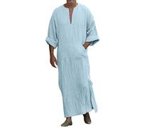 Musilimmorrocan Thobe: Men V-Neck Linen Robe Solid Long Night Gown Casual Loose Shirt Kaftan Thobe Henley Long Sleeve Men Slim Fit Loungewear Bottoms Cuffed Collar Long Sleeve Linen Robe Pleated Robe