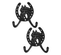 MUSISALY 2pcs Vintage Cast Iron Horse Head Wall Hooks with Horseshoe Design, Double Coat and Hat Hangers for Entryway, Bathroom, Mudroom, Rustic Farmhouse Wall Mounted Rack