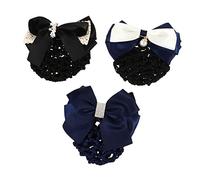 MUSISALY 3pcs Professional Bow Hairnet Elastic Bun Headdress Hair Snood Net Mesh Hair Clip for Lady Women Willow Lace Hanging Pearl Large Rhinestone Dark