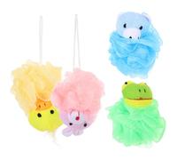 MUSISALY 4pcs Bath Shower Balls Exfoliating Body Scrubbers with Cartoon Duck Frog Rabbit Bear Designs, Soft Bath Towels for ’s Sensitive Skin and Daily Shower Use Random Color