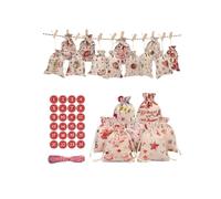 MUSISALY 50 Pcs Red Faux Linen Christmas Advent Calendar Bags with Drawstring, Portable and Reusable Candy Bags Hanging on Door or Wall for Holiday Decorations