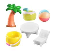 MUSISALY 6Pcs Summer Beach Resin Micro Landscape Ornaments Set with Mini Pail, Coconut Tree, Deck Chair, Coconut Drink, Round Wood Table, and Beach Ball - Coastal Dollhouse Accessories for