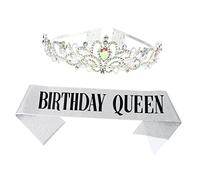 MUSISALY Bridal Headband Birthday Tiara for Women Birthday Queen Sash and Rhinestone Tiara Set Shoulder Strap with Ab Crown for Birthday Party Supplies and Photography Props