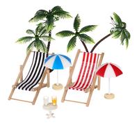 MUSISALY Miniature Beach Scene Set 2 Palm Trees, 2 Sun Umbrellas, 2 Deck Chairs (red Black), 2 Beverage Figures round Tea Table for Dollhouse and Fairy Garden Decor