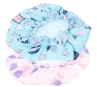 MUSISALY Waterproof Double-layer Shower Hair Caps 2pcs Set with Elastic Band Satin Lining Keep Hair Dry Bathing Caps for Women Boys and Girls Bathroom Use (blue Ocean, Purple Circles