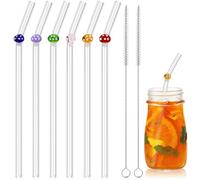 Musiwanna Cute Glass Straws with Charms, Glass Straws with Design, Reusable Straws for Drinking with Mushroom Design, 6Pcs Clear Straw and 2Pcs Cleaning Brush for Smoothie Coffee Tea