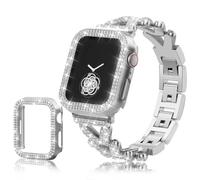 Musk-MSKR Silver Bracelet and Case, Compatible with Apple Watch Bands for Women 38mm-49mm (Series 11/1/SE/Ultra 3),Bling Rhinestones Encrusted Jewelry Strap, Luxury iWatch Bracelet with Case