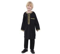 Muslim Clothing for Boys Kaftan Set - Middle East Youth Embroidered Robe Suit, Round Neck, Islamic Dress, Arabic Clothing, Black, 15