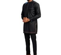 Muslim Clothing for Men, Men's Two-Piece Suit, Crew Neck, Embroidery, Long Sleeve Coat + Simple Loose Trousers, Ethnic Style, Muslim Clothing for Prayers and Excursions, Black (black 2), XL