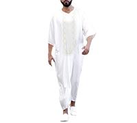 Muslim Clothing Men's Arab Robe Kaftan Long Arabic Islamic Dubai Robe O-Neck Short Sleeve Dubai Robe Long Sleeve Loose Prayer Clothing Summer Muslim Robe, White, M