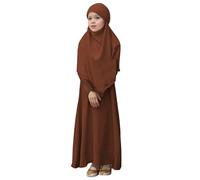 Muslim Cloths - Muslim Girls Round Neck Ruffled Solid Color Dress With Pattern Flounce (Coffee, 3-4Years)