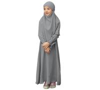 Muslim Dress for Girls Abaya with Hijab Toddler Islamic Prayer Clothes Kaftan Robe for Girls Maxi Dresses Ramadan Dress Eid Oufits Childrens Kaftans (Grey, 9-10 Years)