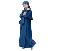 Muslim Dress for Girls Islamic Prayer Abaya Long Sleeve Cardigan Kaftan Robe Maxi Dresses with Hijab Ramadan Kids Outfits Dubai Kaftan Dresses for Toddler Girls (Navy, 9-10 Years)