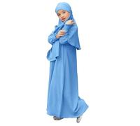 Muslim Dress for Girls Islamic Prayer Abaya Long Sleeve Cardigan Kaftan Robe Maxi Dresses with Hijab Ramadan Kids Outfits Dubai Kaftan Dresses for Toddler Girls (Light Blue, 3-4 Years)