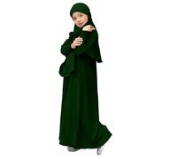 Muslim Dress for Girls Islamic Prayer Abaya Long Sleeve Cardigan Kaftan Robe Maxi Dresses with Hijab Ramadan Kids Outfits Dubai Kaftan Dresses for Toddler Girls (Green, 7-8 Years)