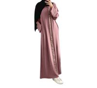 Muslim Dress for Women Prayer Robes Round Neck Muslim Long Puff Sleeve Abaya Burkas Turkish Kaftan Islamic Clothes Full-Length Eid Dresses for Women Hajj Umrah Mosque Pink