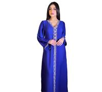 Muslim Dress for Women Solid Color Rhinestone Moroccan Kaftan V Neck Long Dress Dubai Turkish Abaya Blue Abaya XL