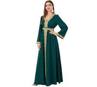 Muslim Dresses for Women Lace Embroidery Maxi Dress with Belt Long Sleeve V Neck Moroccan Kaftan GN Dress XL