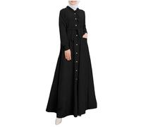 Muslim Dresses for Women Lace Stand Collar Cuff Sleeves Button Tie Waist Slim Ankle Maxi Dresses Chic Arab Robe Casual Comfortable Breathable Pocket Prayer Abaya