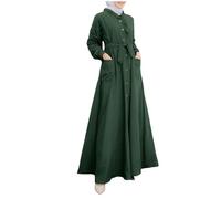 Muslim Dresses for Women Lace Stand Collar Cuff Sleeves Button Tie Waist Slim Ankle Maxi Dresses Chic Arab Robe Casual Comfortable Breathable Pocket Prayer Abaya