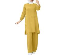 Muslim Dresses Women Muslim Suit Two-Piece Full Sleeve Top Wide Leg Pants Set Abaya Loose Fit Shirt Dress Dubai Outfit Turkey Islamic Prayer Set Islamic Robe Abaya Traditional Clothes Yellow