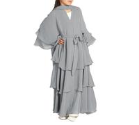 Muslim Girls Abayas Dress for Kids Long Sleeve Chiffon Islamic Kaftan Robe Open Front Cardigan Prayer Dress Girls Elegant Childrens Kaftans Thobe for Kids Eid Clothes (Grey, 13-14 Years)
