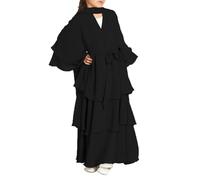 Muslim Girls Abayas Dress for Kids Long Sleeve V Neck Chiffon Dress Islamic Kaftan Robe Open Front Cardigan Prayer Clothes One Piece Abaya (Black, 9-10 Years)
