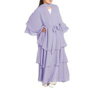 Muslim Girls Abayas Dress for Kids Long Sleeve V Neck Chiffon Dress Islamic Kaftan Robe Open Front Cardigan Prayer Clothes One Piece Abaya