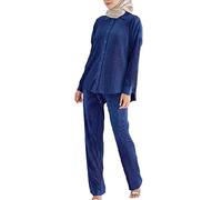 Muslim Islam Clothing Two Piece Set Casual Loose Malaysia Indonesian Arab Long Sleeve Tops & Pants 2 PCS Set Royal Blue L