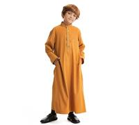 Muslim Islamic Robe For Kids Boys - Arabic Thobe Muslim Thobe Long Sleeve Kaftan Crew Robe National Costume Teenage Boys Long Sleeve Embroidered Robe Set Arab Children'S Wear Robe (Gold 7-8 Years)