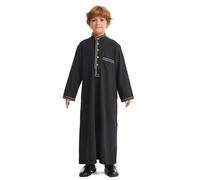Muslim Islamic Robe For Kids Boys - Arabic Thobe Muslim Thobe Long Sleeve Kaftan Crew Robe National Costume Teenage Boys Long Sleeve Embroidered Robe Set Arab Children'S Wear Robe (Black 5-6 Years)