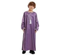 Muslim Islamic Robe For Kids Boys - Arabic Thobe Muslim Thobe Long Sleeve Kaftan Crew Robe National Costume Teenage Boys Long Sleeve Embroidered Robe Set Arab Children'S Wear Robe (Purple 13-14 Years)