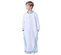 Muslim Islamic Robe for Kids Boys Turkish Print Button Front Thobe Arabic National Costume Kaftan Dubai Style Ethnic Clothes Traditional for Boy and Girls Shirt Boys Name White
