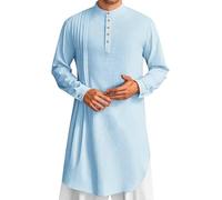 Muslim Kaftan Thobe Long Gown Side Split Winter with Pockets Beach Button Up Summer Length Casual Plus Size Men's Sleeve Abaya Robe Striped Loose Fit Dubai