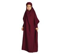 Muslim Prayer Dress for Girls Islamic Abaya Long Sleeve Hooded Middle East Arabian Dubai Robe Ramadan Abaya Kaftan for Kids Girls Eid Outfits (Wine, 12-13 Years)