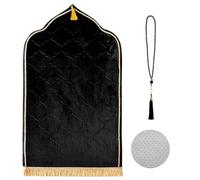 Muslim Prayer Mat,Soft Flannel Prayer Area Rug with Prayer Beads,Islamic Prayer Mat for Daily Salah and Meditation,Turkish Praying Carpet with Non-Slip Dots, Ramadan Gifts for Men Women (black)