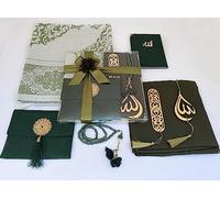 Muslim Prayer Rug, 7 In One Gift Set, Prayer Mat Surah Book, Tasbeeh, Scarf, Surah Case, Bookmark, Car Mirror Hanger, Prayer Beads,Islamic Gift for Umrah, Hajj, Wedding, Janamaz (GREEN)