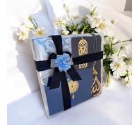 Muslim Prayer Rug, 7 in One Gift Set, Prayer Mat Surah Book, Tasbeeh, Scarf, Surah Case, Bookmark, Car Mirror Hanger, Prayer Beads,Islamic Gift for Umrah, Hajj, Wedding, Janamaz (Blue)