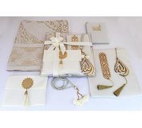 Muslim Prayer Rug, 7 In One Gift Set, Prayer Mat Surah Book, Tasbeeh, Scarf, Surah Case, Bookmark, Car Mirror Hanger, Prayer Beads,Islamic Gift for Umrah, Hajj, Wedding, Janamaz (CREAM)